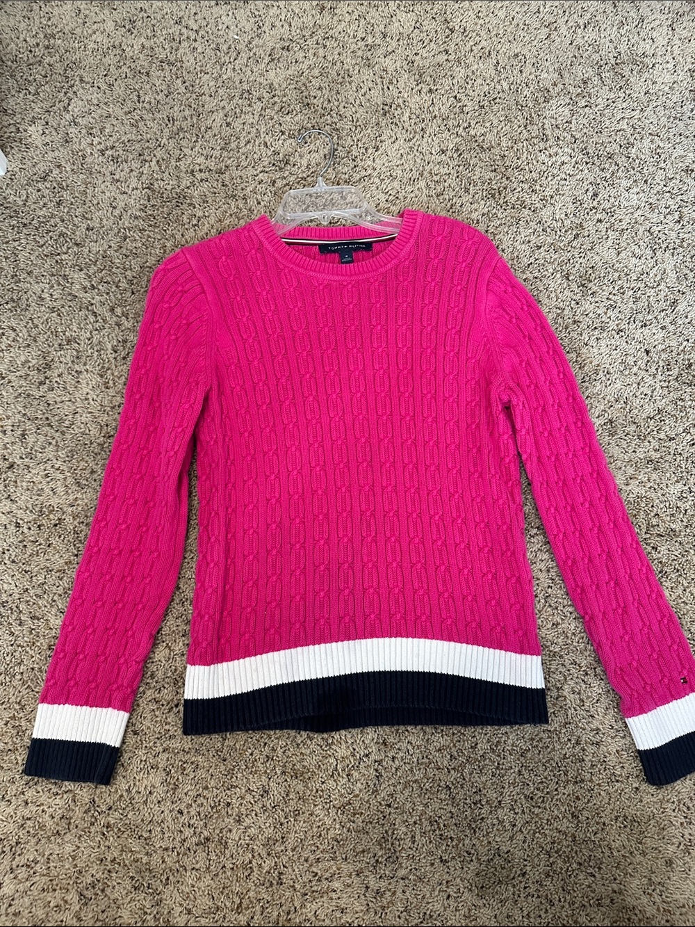Tommy Hilfiger Hot Pink Cable Knit Crewneck Sweater with White & Navy Trim